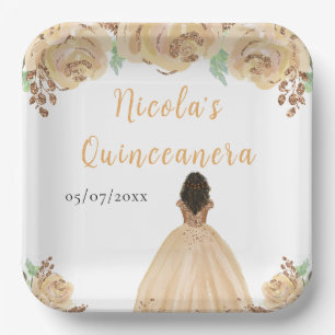 Dunkle Haut Prinzessin Peach Florale Quinceanera Pappteller