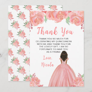 Dunkle Haut Prinzessin Rosa Florale Quinceanera Dankeskarte
