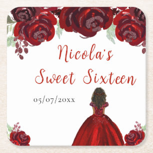 Dunkle Haut Prinzessin Rote Florale Sweet Sixteen Rechteckiger Pappuntersetzer