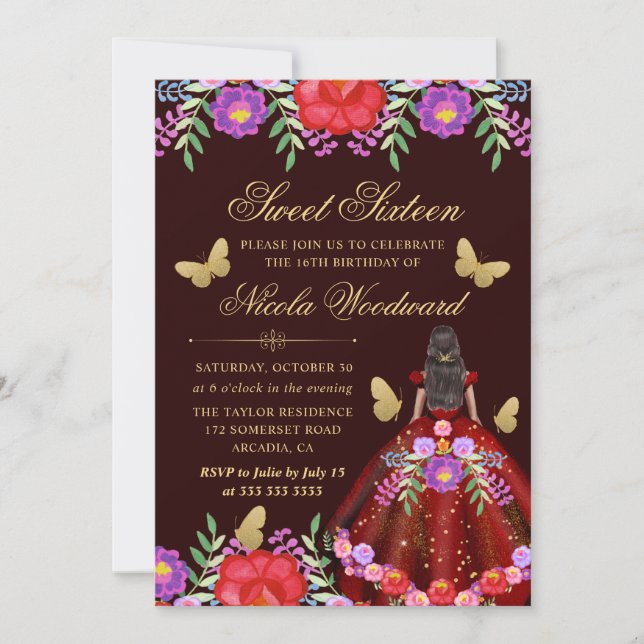 Dunkle Hautfrau in mexikanischem Blumenkleid Süß 1 Einladung (Vorderseite)
