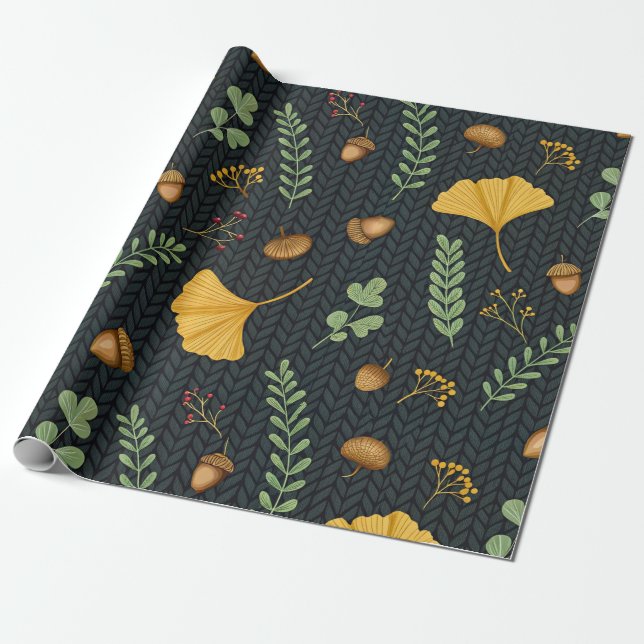 Dunkle Herbst-Geschenkverpackung mit Ginkgoblätter Geschenkpapier (Ungerollt)