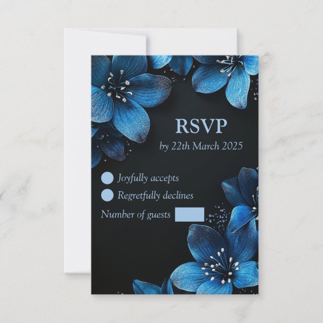 Dunkle Hochzeit RSVP Karte Glitzer Blau Blumen (Vorderseite)