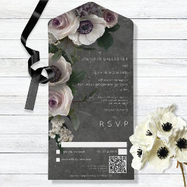 Dunkle Holzkohle Elegant Floral Moderner QR Code All In One Einladung