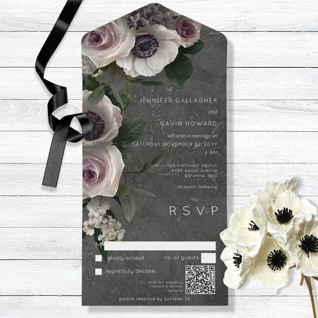 Dunkle Holzkohle Elegant Floral Moderner QR Code All In One Einladung (Von Creator hochgeladen)