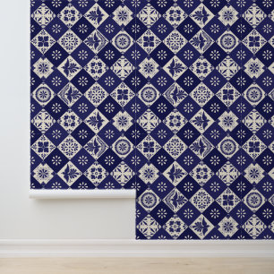 Dunkle Indigo-Beige-Mexikanische-Talavera-Fliesen Tapete