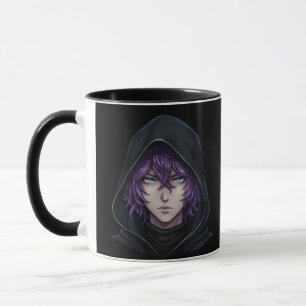 Dunkle Kapuzenjacke Anime-Junge mit lila Haar Tasse