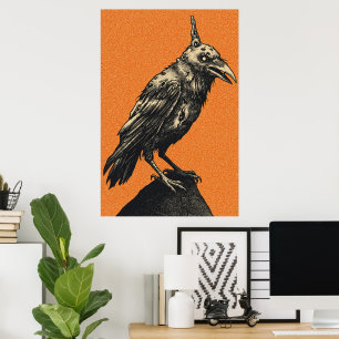 Dunkle Krähe auf gezacktem Felsen sitzend Poster