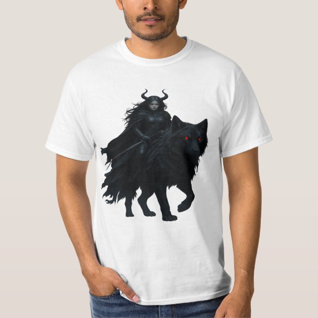  Dunkle Kriegerin auf Höllenwolf T-Shirt (Vorderseite)
