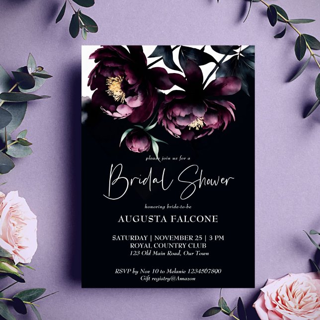Dunkle launische Noir-Brautparty-Vorlage Einladung (Dark moody noir elegant bridal shower editable template invitation digital download burgundy peonies)