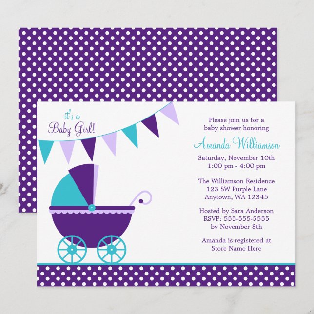 Dunkle Lila Aquamarine Babybringe-Dusche Einladung (Vorne/Hinten)