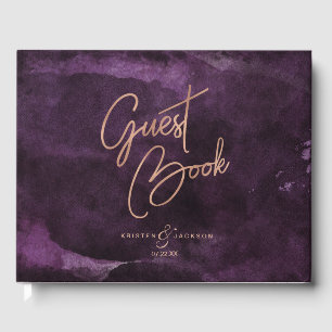 Dunkle Lila Aquarellfarben-Rose Gold Wedding Monog Gästebuch