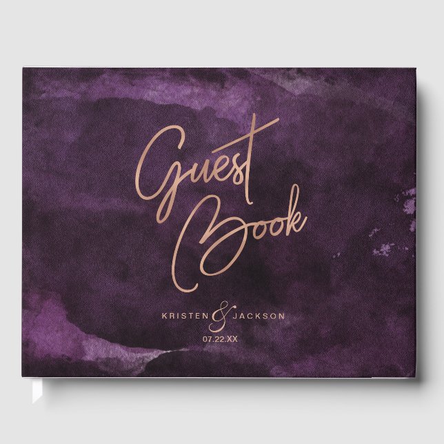 Dunkle Lila Aquarellfarben-Rose Gold Wedding Monog Gästebuch (Vorderseite)