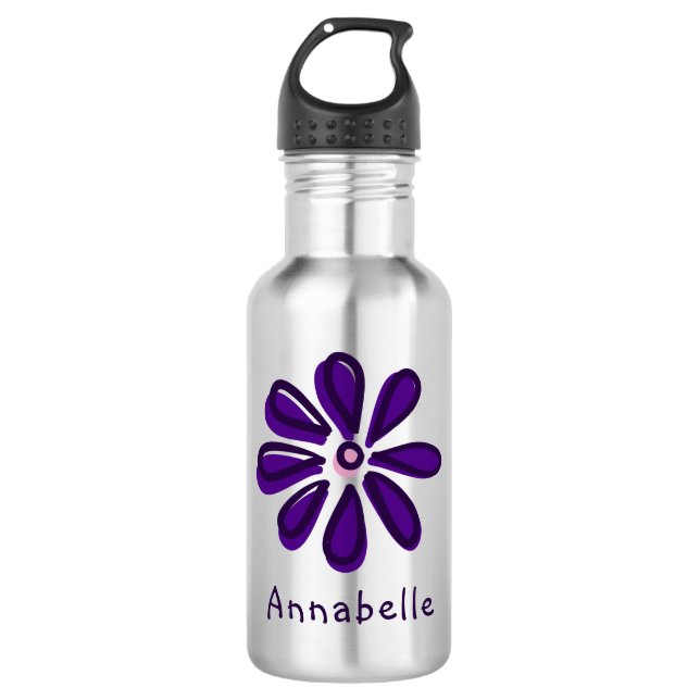 Dunkle Lila Blume Doodle deinen Namen Edelstahlflasche (Vorderseite)