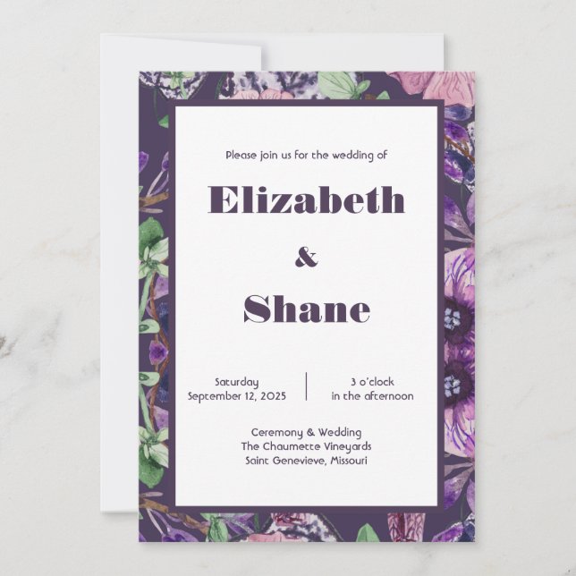 Dunkle Lila Blume Hochzeitseinladung Einladung (Vorderseite)