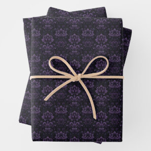 Dunkle Lila BlumenDamas auf Schwarz Geschenkpapier Set