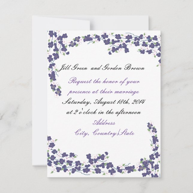 Dunkle Lila Blüten Hochzeitseinladung Einladung (Vorderseite)