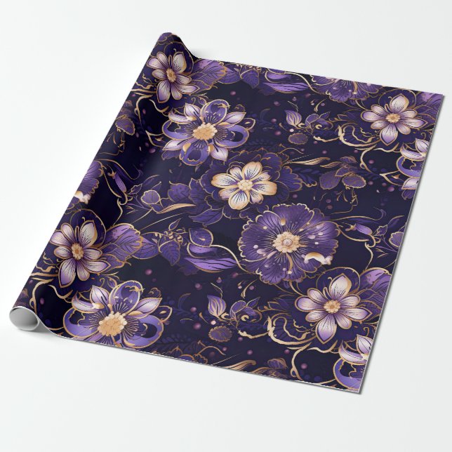 Dunkle Lila Blüten und Imitate Gold Geschenkpapier (Ungerollt)