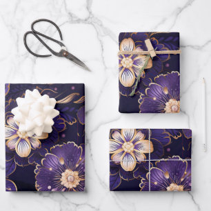 Dunkle Lila Blüten und Imitate Gold Geschenkpapier Set