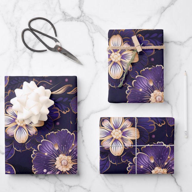 Dunkle Lila Blüten und Imitate Gold Geschenkpapier Set (Vorderseite)