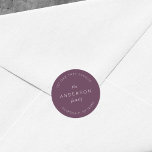 Dunkle Lila Familienname Rücksendeadresse Moderne Runder Aufkleber<br><div class="desc">Der dunkle Lila Familienname Rücksendeadresse Classic Round Aufkleber enthält Ihren Familiennamen und Ihre Anschrift in Weiß und lila. Karo die passenden Hochzeitsartikel https://www.zazzle.com/collections/mauve_layered_geometric_dark_purple_wedding-119712420789591185 Personalisieren Sie sie, indem Sie den Platzhalter-Text ersetzen. Für weitere Optionen, wie zum Beispiel den Schriftart zu ändern, ist es die Größe und Abstand zwischen den Buchstaben klicken...</div>