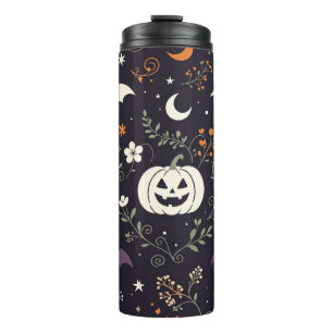Dunkle lila florale Halloween-Kürbisse Thermosbecher