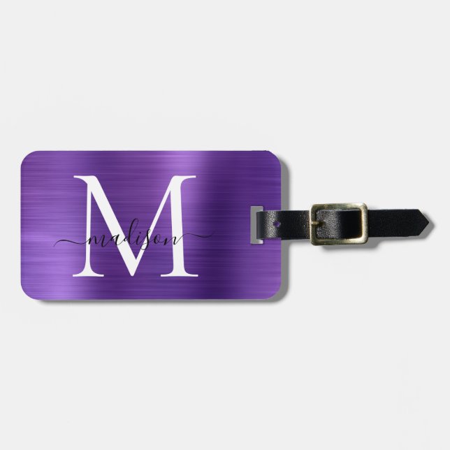 Dunkle Lila gebürstete Metallschrift Monogram Nied Gepäckanhänger (Vorderseite horizontal)