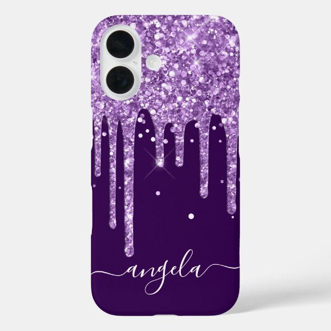 Dunkle Lila Glitzer Tropfen Glam Signatur iPhone 16 Hülle (Rückseite)
