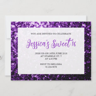 Dunkle lila Glitzern Sweet 16 elegante Schrift Einladung