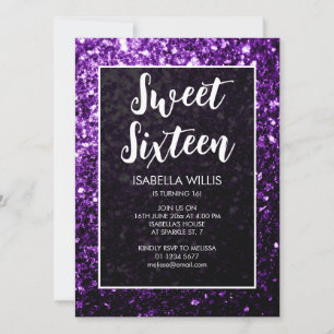 Dunkle lila Glitzern Sweet 16 elegante Schrift Einladung