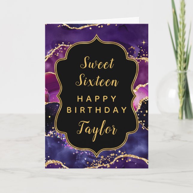 Dunkle Lila Gold Agate Sweet 16 Happy Birthday Karte (Vorderseite)