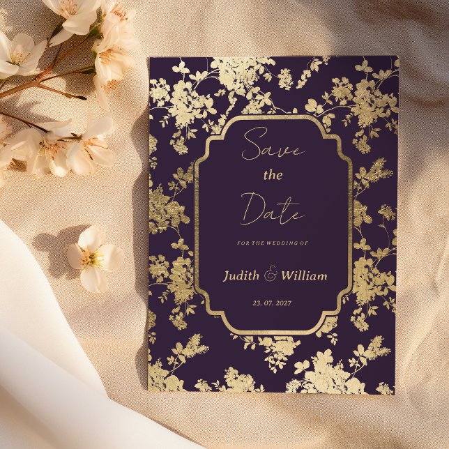 Dunkle Lila Goldflora im eleganten Stil Save the D Einladung (Elegant Style Dark Purple Gold Flora Save the Date )