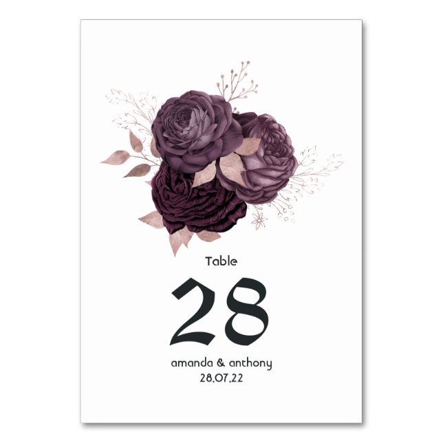 Dunkle Lila Hochzeit und Rose Tischnummer (Vorderseite)