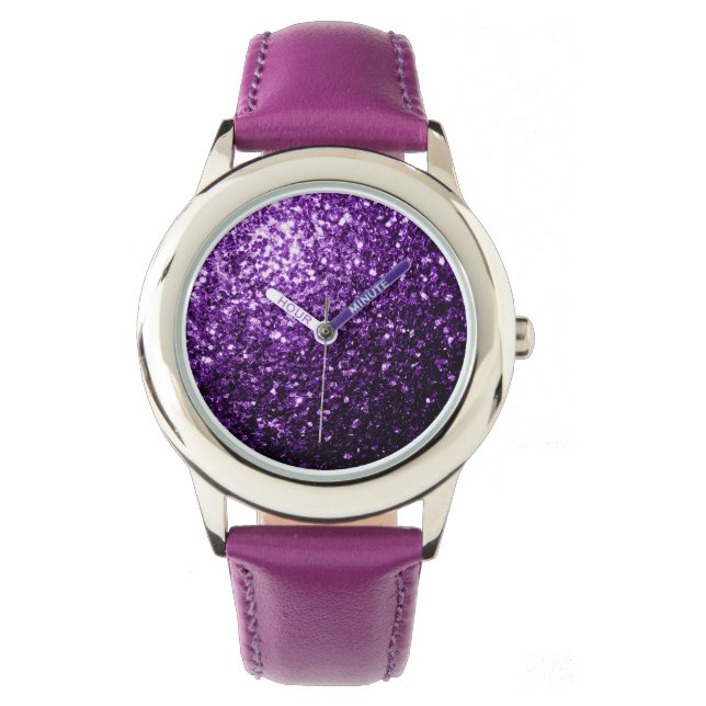 Dunkle Lila Imitate glänzen Glitzer Glitzern Armbanduhr (Vorderseite)