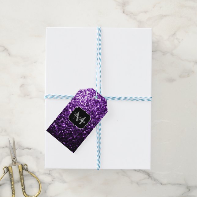 Dunkle Lila Imitate glänzen Glitzer Glitzern Monog Geschenkanhänger (Mit Garn)