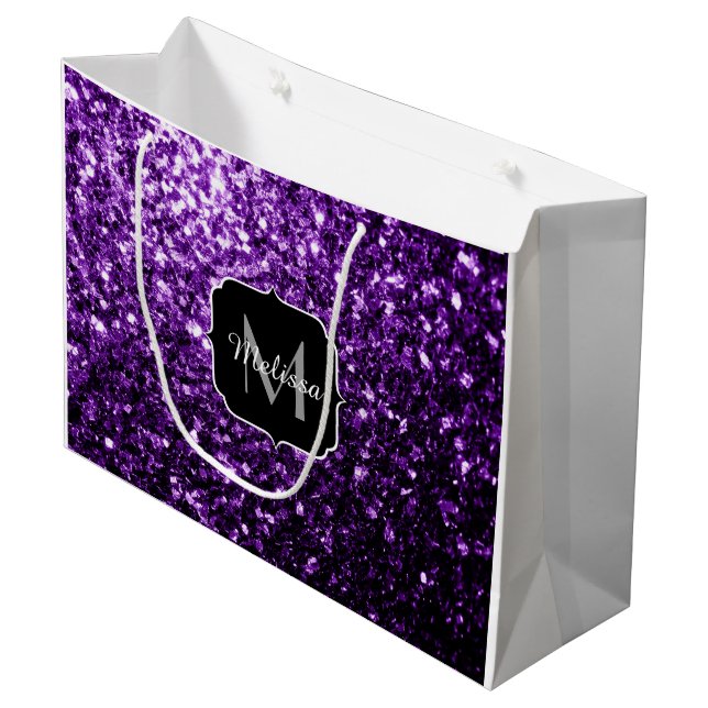 Dunkle Lila Imitate glänzen Glitzer Glitzern Monog Große Geschenktüte (Vorderseite Schrägansicht)
