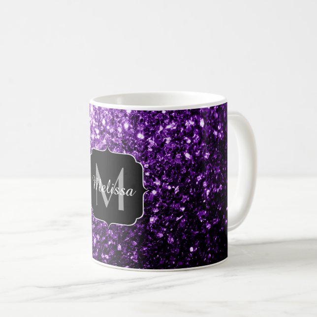 Dunkle Lila Imitate glänzen Glitzer Glitzern Monog Kaffeetasse (VorderseiteRechts)
