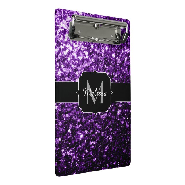 Dunkle Lila Imitate glänzen Glitzer Glitzern Monog Mini Klemmbrett (Schrägansicht)