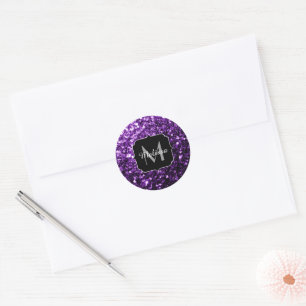 Dunkle Lila Imitate glänzen Glitzer Glitzern Monog Runder Aufkleber
