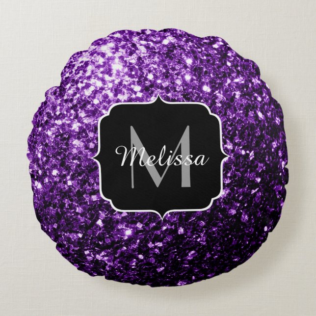 Dunkle Lila Imitate glänzen Glitzer Glitzern Monog Rundes Kissen (Vorderseite)