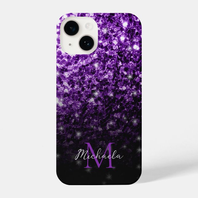 Dunkle Lila Imitate Glitzer Glitzern bling Monogra iPhone 14 Hülle (Rückseite)