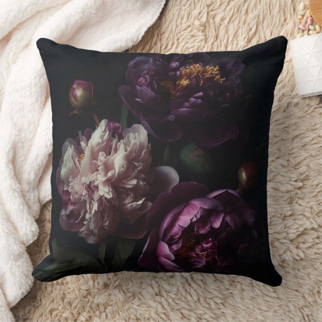 Dunkle Lila Peonies Blume Bouquet Öl Malerei Kissen (Decke)