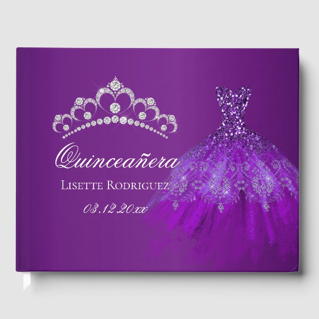 Dunkle Lila Personalisierte Quinceanera Gästebuch (Vorderseite)