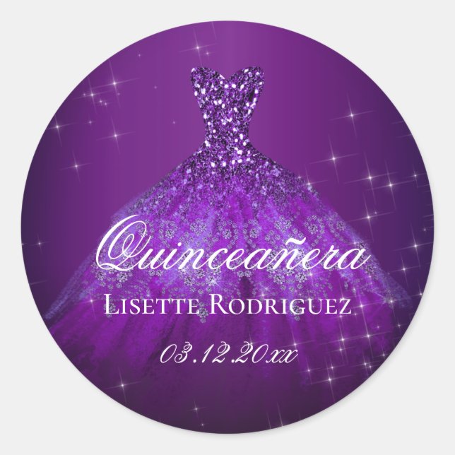 Dunkle Lila Personalisierte Quinceanera Runder Aufkleber (Vorderseite)