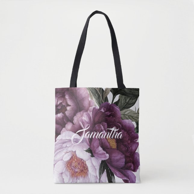 Dunkle Lila Pflaumenrosa Peonies Grüne | Tasche (Vorderseite)