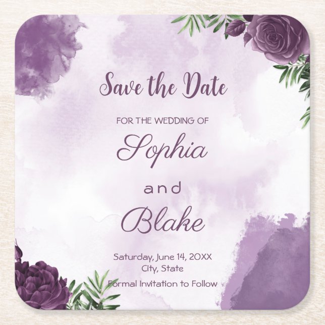 Dunkle Lila Rose Blumengotik Save the Date Rechteckiger Pappuntersetzer (Vorderseite)