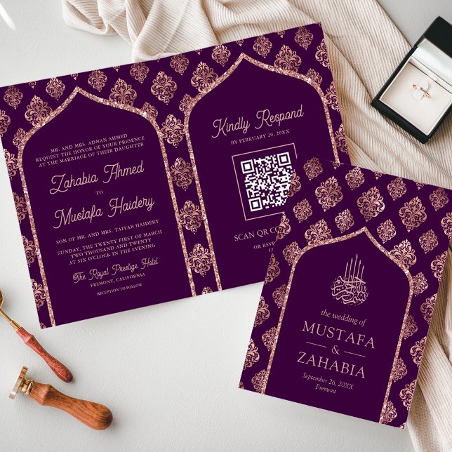 Dunkle Lila Rose Gold Damask Arch QR Code Muslim Einladung (Von Creator hochgeladen)