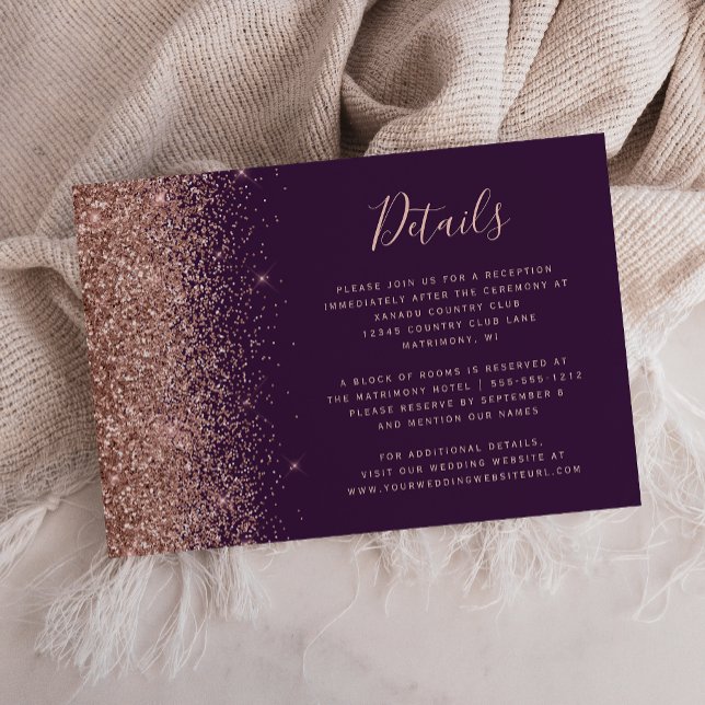 Dunkle Lila Rose Gold Glitzer Hochzeitdetails Begleitkarte (Von Creator hochgeladen)