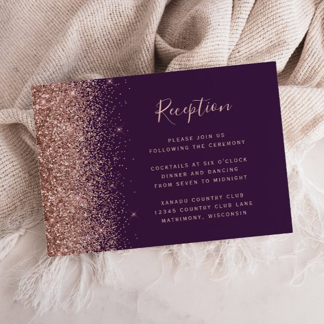 Dunkle Lila Rose Gold Glitzer Hochzeitsempfang Begleitkarte (Von Creator hochgeladen)