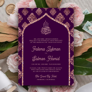 Dunkle Lila Rose Goldmedaille-Arch-Muslime-Hochzei Einladung