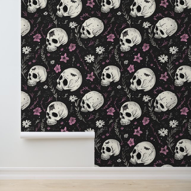 Dunkle Lila Schwarz-Schädel-Rosa-Blume Gothic Tapete (Anwendung)
